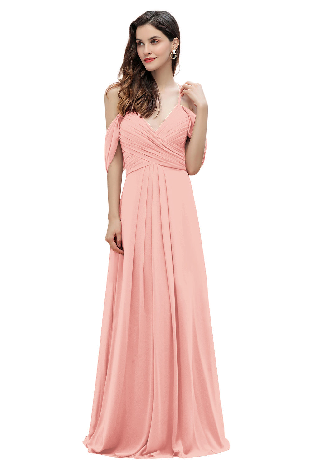 Elegante vestido de dama de honor de gasa con tirantes finos y hombros descubiertos, largo hasta el suelo, para fiesta de boda