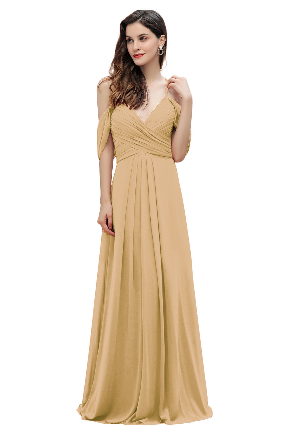 Elegante vestido de dama de honor de gasa con tirantes finos y hombros descubiertos, largo hasta el suelo, para fiesta de boda