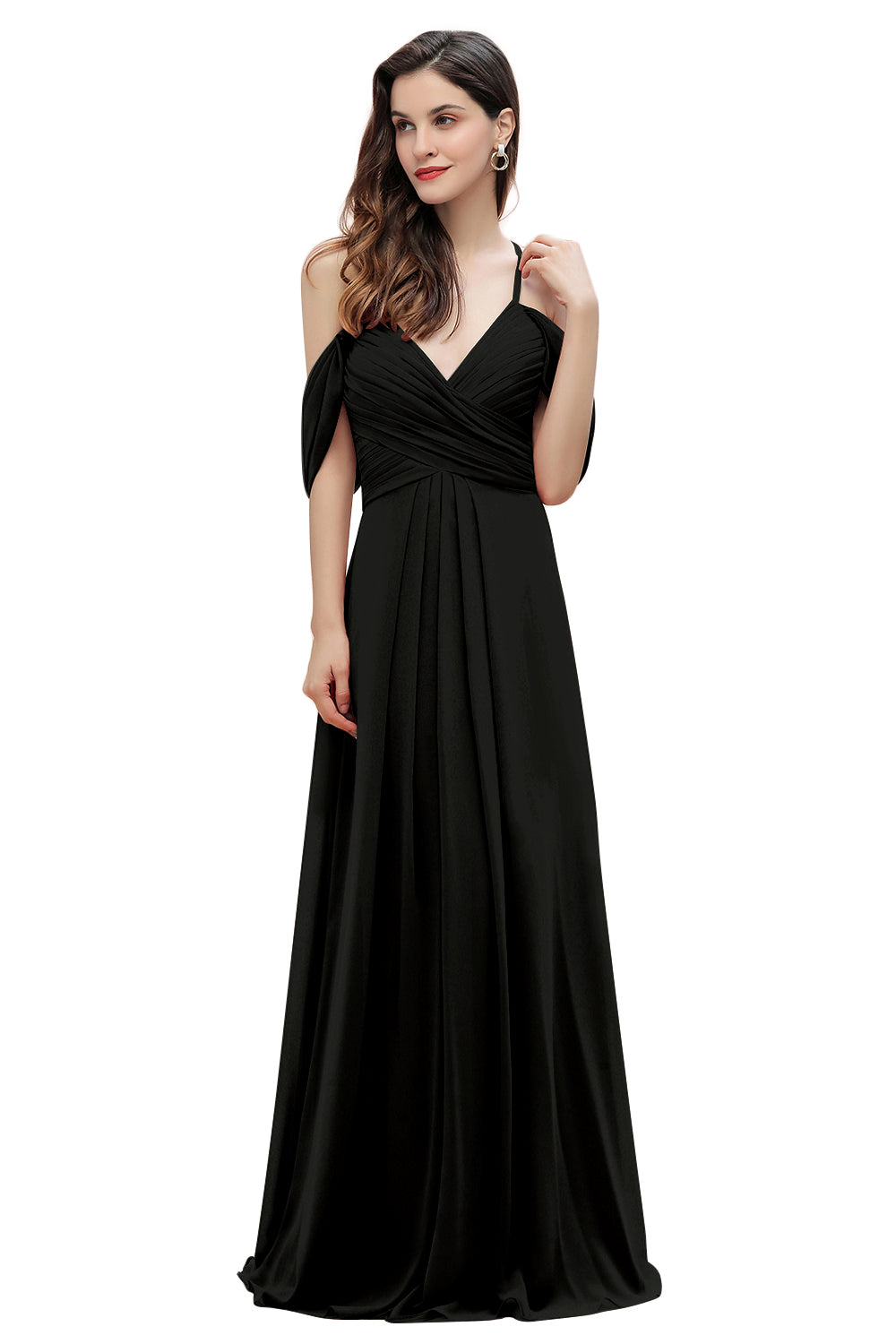 Elegante vestido de dama de honor de gasa con tirantes finos y hombros descubiertos, largo hasta el suelo, para fiesta de boda