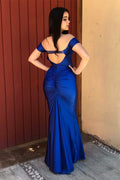 Elegante schulterfreie königsblaue Satin-Meerjungfrau-Ballkleider