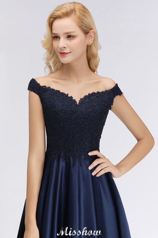 Elegantes vestidos de fiesta con hombros descubiertos, volantes y cuentas | Vestidos de noche corte A sin mangas