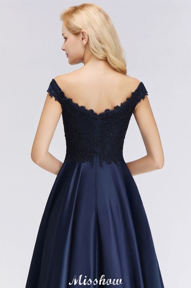 Elegantes vestidos de fiesta con hombros descubiertos, volantes y cuentas | Vestidos de noche corte A sin mangas