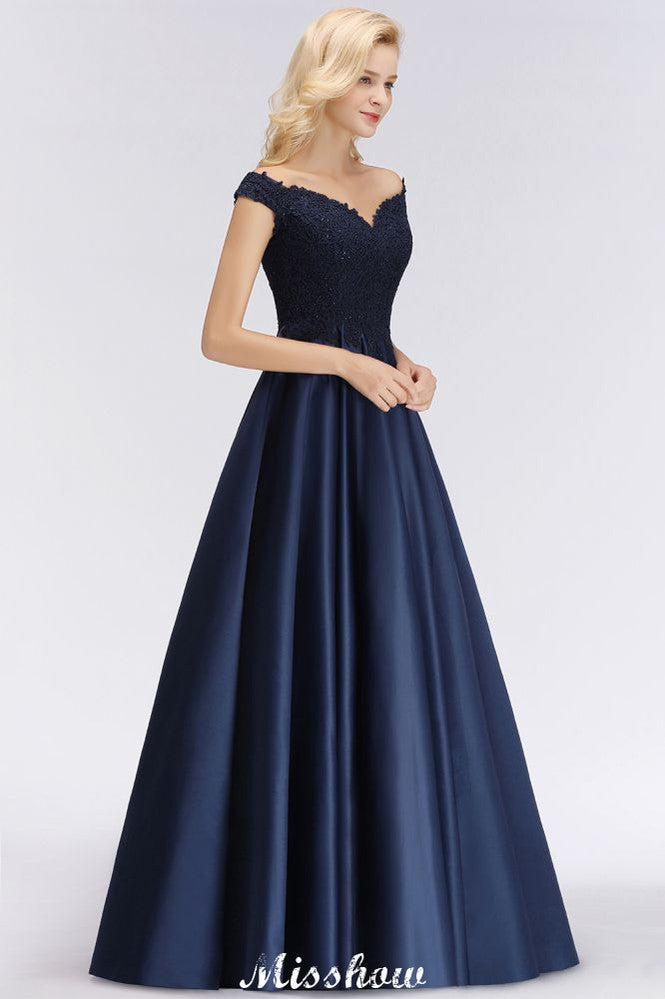 Elegantes vestidos de fiesta con hombros descubiertos, volantes y cuentas | Vestidos de noche corte A sin mangas