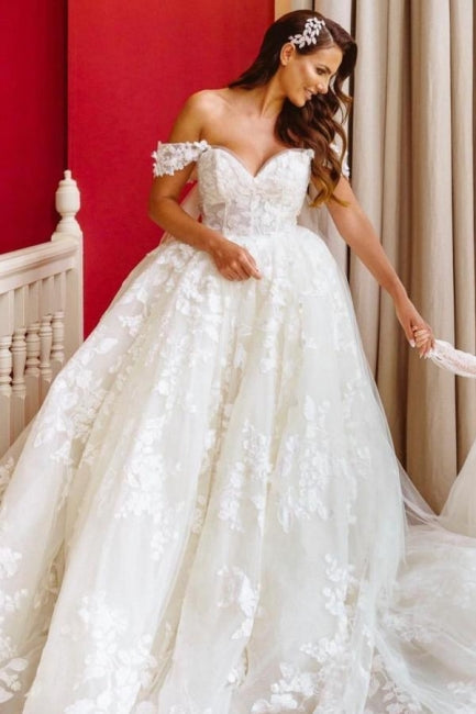 Elegante schulterfreie ärmellose A-Linie Brautkleider mit Spitze
