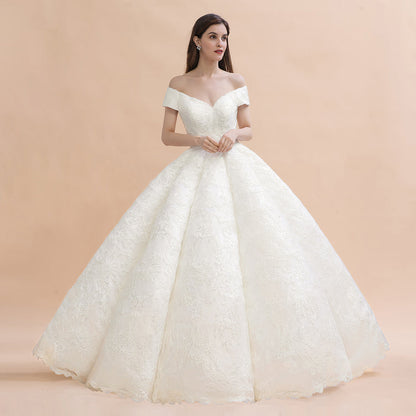 Elegant Off-the-Shoulder White Lace Appliques Bridal Gowns Wedding Dress