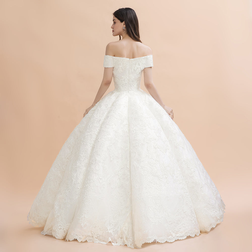 Elegantes schulterfreies weißes Spitzenapplikationen-Brautkleid 