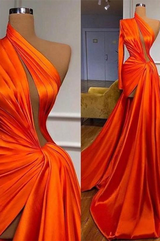 Elegantes Ballkleid mit einer Schulter und langen Ärmeln, Schlitz vorne