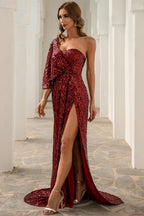 Elegantes One-Shoulder-Ballkleid mit Pailletten und Schlitz im Meerjungfrau-Stil