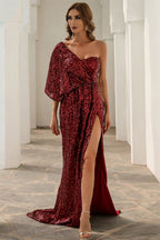 Elegantes One-Shoulder-Ballkleid mit Pailletten und Schlitz im Meerjungfrau-Stil