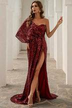 Elegantes One-Shoulder-Ballkleid mit Pailletten und Schlitz im Meerjungfrau-Stil