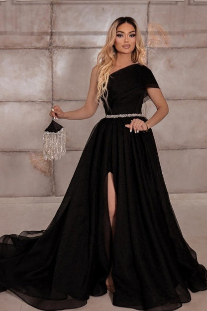 Robe de soirée élégante à une épaule sans manches en mousseline 100D avec rubans