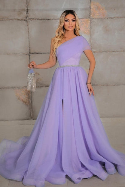 Robe de soirée élégante à une épaule sans manches en mousseline 100D avec rubans