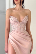 Elegant Peach V-neck Mermaid Evening Dresses Long Simple Prom Dresses With Slit