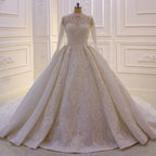 Elegantes Prinzessinnen-Brautkleid in A-Linie mit hohem Halsausschnitt, Spitze und Pailletten und langen Ärmeln