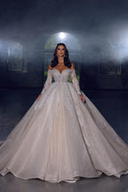 Elegante vestido de novia princesa de corte A con hombros descubiertos y apliques de encaje y mangas largas