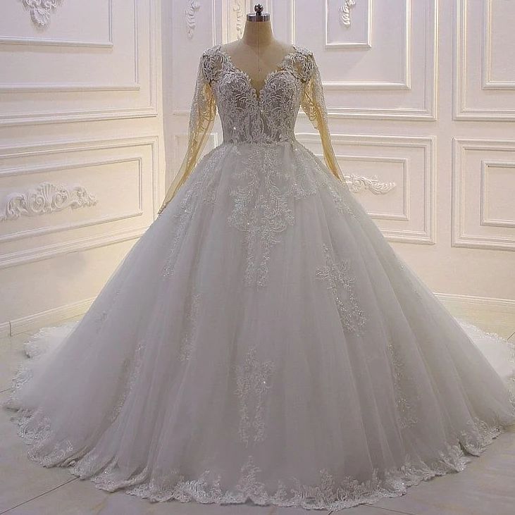 Elegant Princess A-line Tulle V-neck Lace Wedding Dress With Long Sleeves