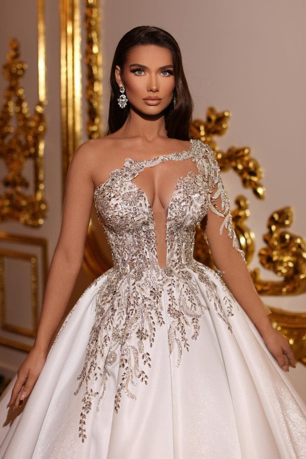 Elegant Princess Long A-line V-neck One Shoulder Satin Wedding Dresses