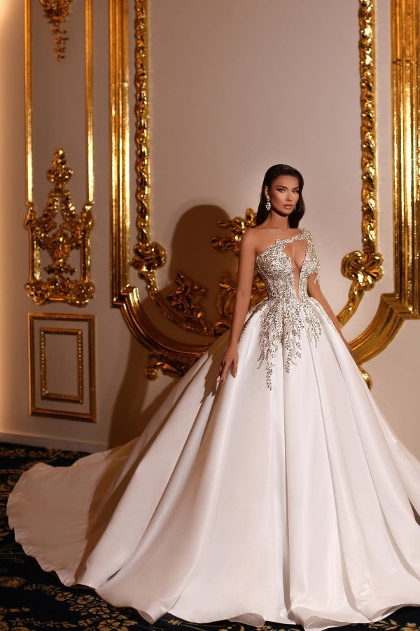 Elegant Princess Long A-line V-neck One Shoulder Satin Wedding Dresses