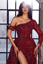 Elegantes rotes A-Linien-Ballkleid mit einer Schulter und langen Ärmeln
