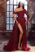 Elegantes rotes A-Linien-Ballkleid mit einer Schulter und langen Ärmeln