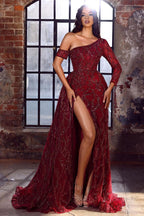 Elegantes rotes A-Linien-Ballkleid mit einer Schulter und langen Ärmeln