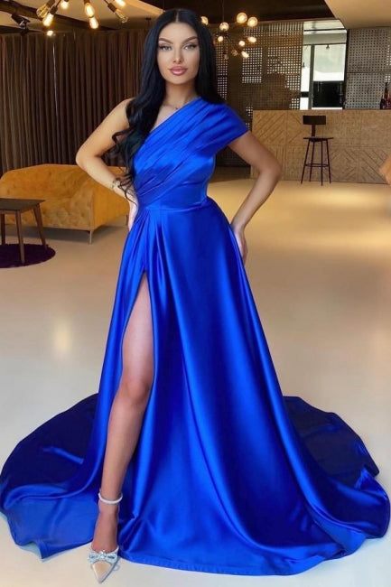 Elegantes königsblaues A-Linien-Abendkleid mit einfacher Schulter und Schlitz