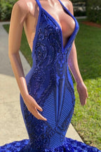 Elegante vestido de fiesta de sirena con encaje, sin mangas, largo hasta el suelo, color azul real