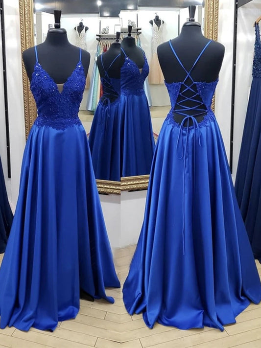 Elegant Royal Blue Long A-line V-neck Backless Satin Lace Formal Graduation Prom Dresses