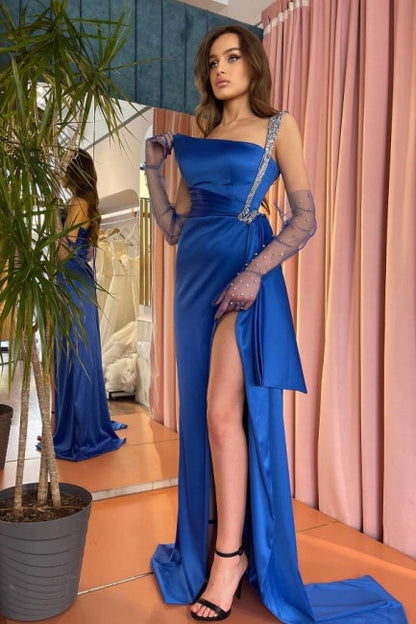 Elegantes königsblaues One-Shoulder-Long-Ballkleid mit Glitzer