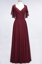 Elegante vestido de dama de honor de satén con escote en V, manga corta, estilo princesa, con volantes de gasa, para invitada de boda