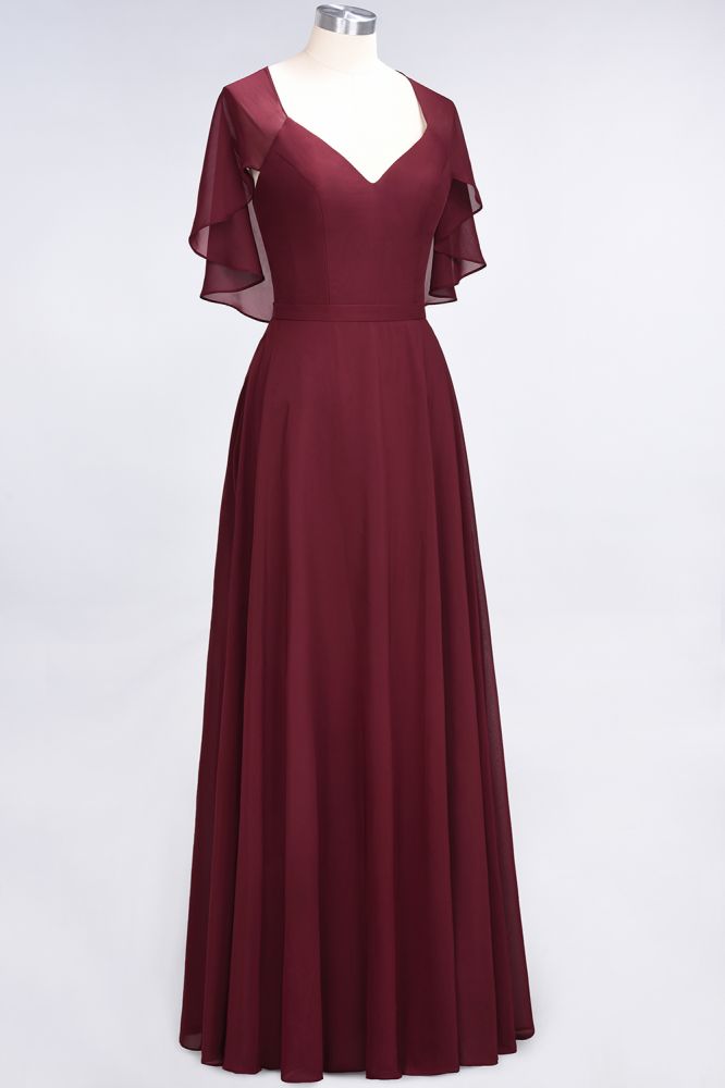 Elegante vestido de dama de honor de satén con escote en V, manga corta, estilo princesa, con volantes de gasa, para invitada de boda
