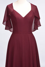 Elegante vestido de dama de honor de satén con escote en V, manga corta, estilo princesa, con volantes de gasa, para invitada de boda