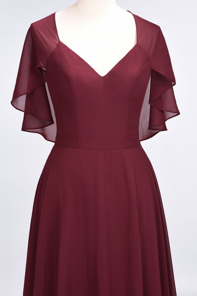 Elegante vestido de dama de honor de satén con escote en V, manga corta, estilo princesa, con volantes de gasa, para invitada de boda