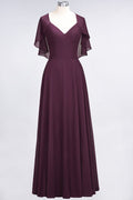 Elegante vestido de dama de honor de satén con escote en V, manga corta, estilo princesa, con volantes de gasa, para invitada de boda