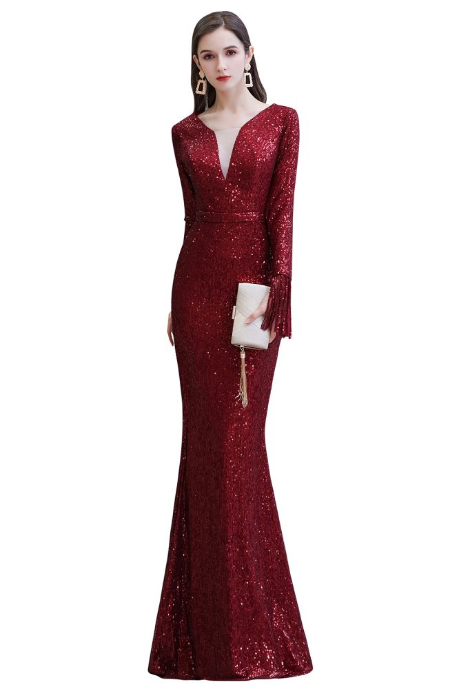 Elegantes Burgunderrotes Cocktailkleid mit V-Ausschnitt und Pailletten im Meerjungfrau-Stil, bodenlang