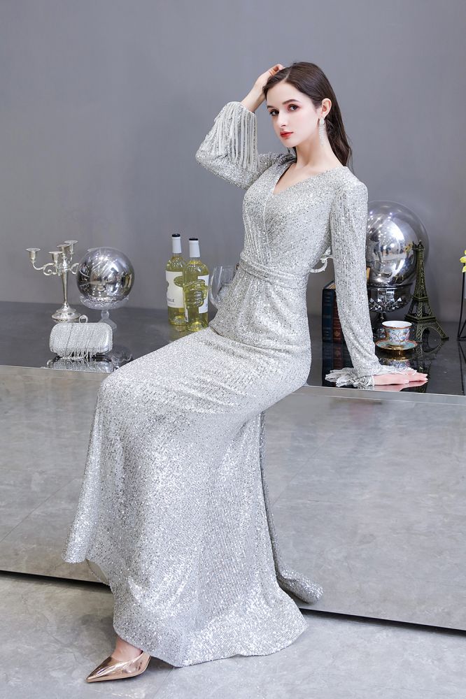 Elegantes Burgunderrotes Cocktailkleid mit V-Ausschnitt und Pailletten im Meerjungfrau-Stil, bodenlang