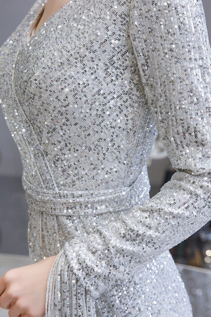 Elegante vestido de cóctel de sirena con escote en V y lentejuelas color burdeos, largo hasta el suelo