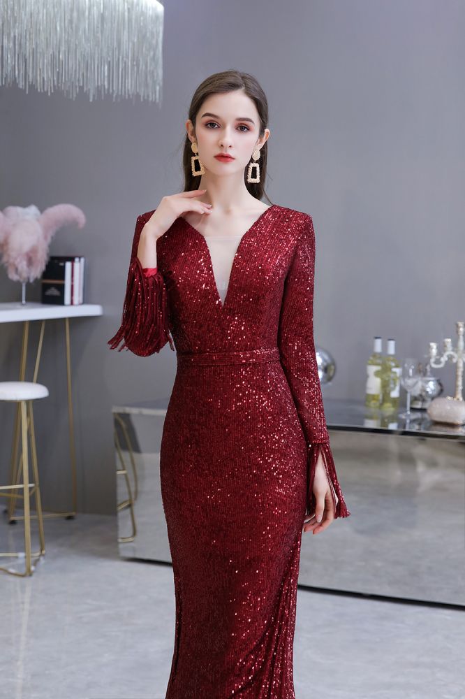Elegantes Burgunderrotes Cocktailkleid mit V-Ausschnitt und Pailletten im Meerjungfrau-Stil, bodenlang