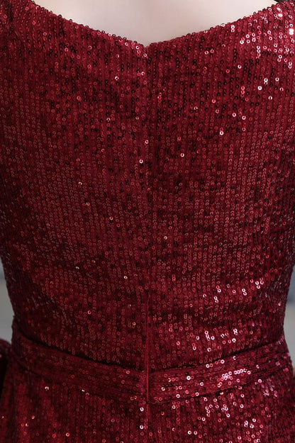 Elegante vestido de cóctel de sirena con escote en V y lentejuelas color burdeos, largo hasta el suelo