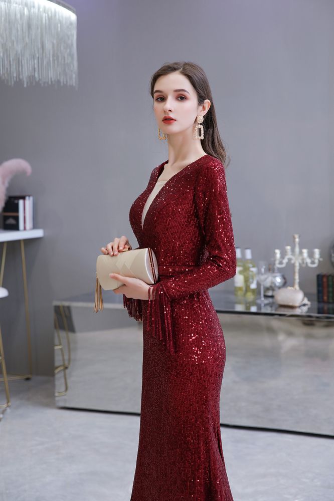 Elegantes Burgunderrotes Cocktailkleid mit V-Ausschnitt und Pailletten im Meerjungfrau-Stil, bodenlang