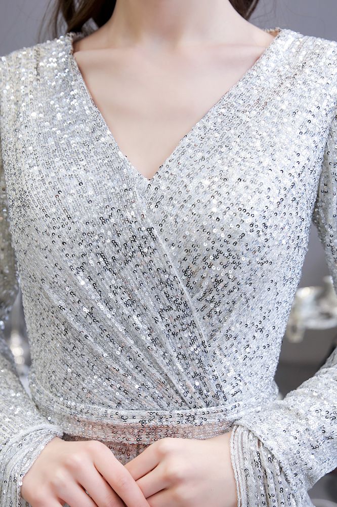 Elegantes Burgunderrotes Cocktailkleid mit V-Ausschnitt und Pailletten im Meerjungfrau-Stil, bodenlang