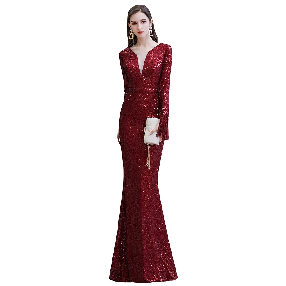 Elegantes Burgunderrotes Cocktailkleid mit V-Ausschnitt und Pailletten im Meerjungfrau-Stil, bodenlang