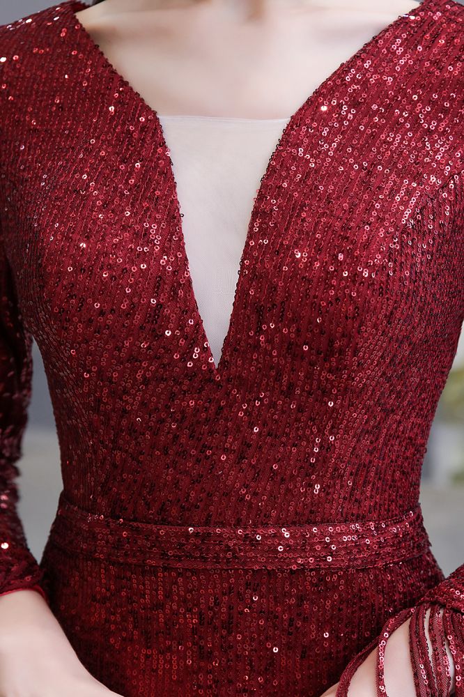 Elegantes Burgunderrotes Cocktailkleid mit V-Ausschnitt und Pailletten im Meerjungfrau-Stil, bodenlang