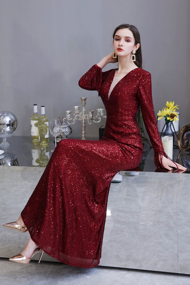 Elegantes Burgunderrotes Cocktailkleid mit V-Ausschnitt und Pailletten im Meerjungfrau-Stil, bodenlang