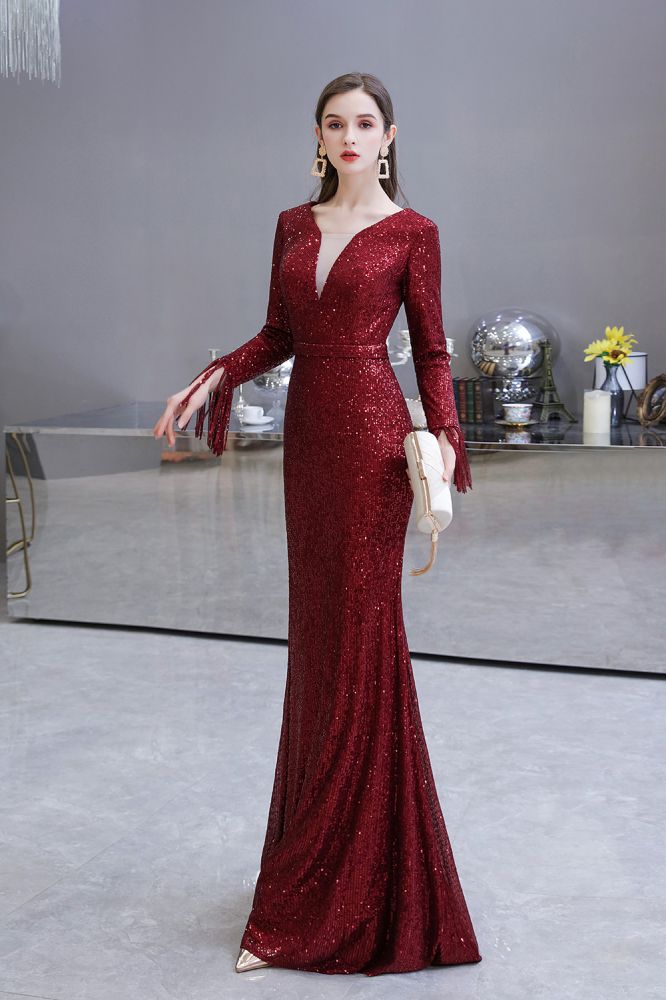 Elegantes Burgunderrotes Cocktailkleid mit V-Ausschnitt und Pailletten im Meerjungfrau-Stil, bodenlang