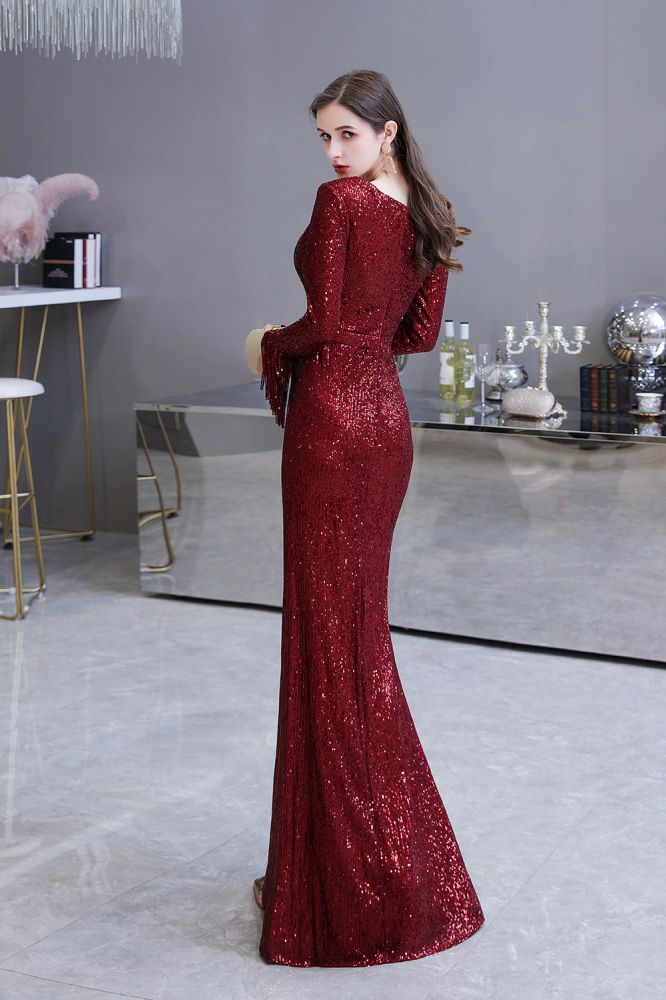 Elegantes Burgunderrotes Cocktailkleid mit V-Ausschnitt und Pailletten im Meerjungfrau-Stil, bodenlang