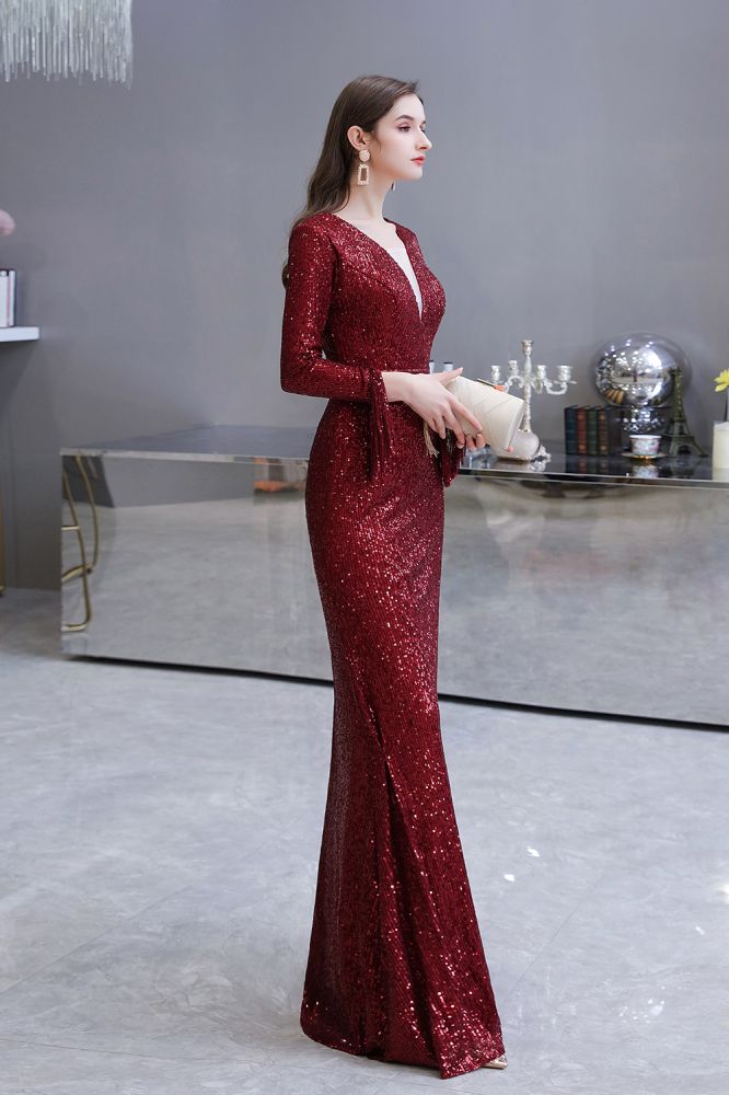 Elegantes Burgunderrotes Cocktailkleid mit V-Ausschnitt und Pailletten im Meerjungfrau-Stil, bodenlang