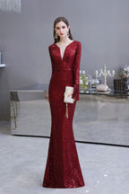 Elegantes Burgunderrotes Cocktailkleid mit V-Ausschnitt und Pailletten im Meerjungfrau-Stil, bodenlang