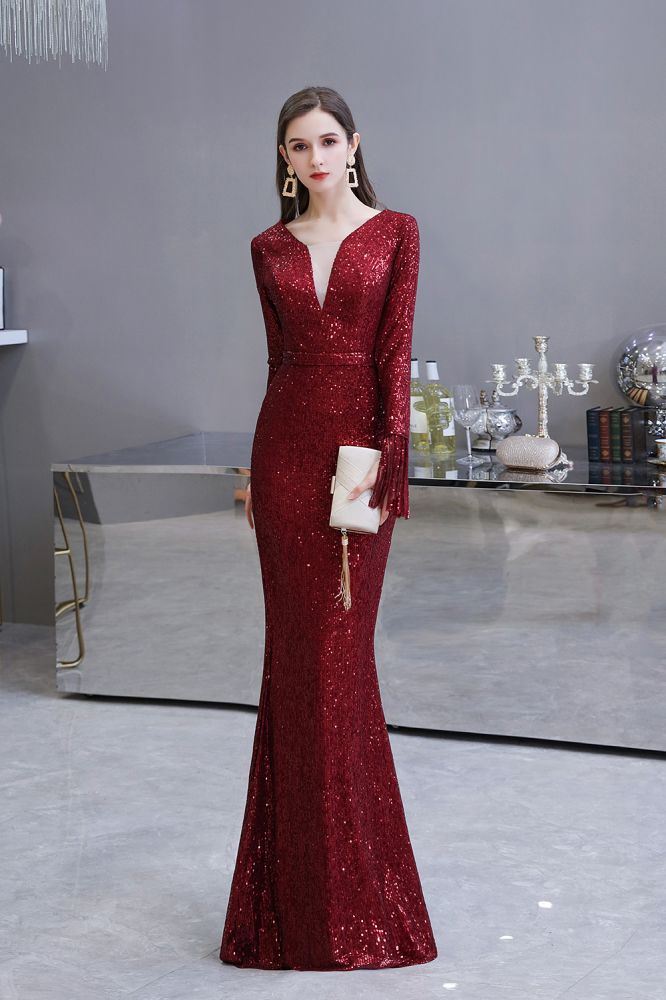 Elegantes Burgunderrotes Cocktailkleid mit V-Ausschnitt und Pailletten im Meerjungfrau-Stil, bodenlang