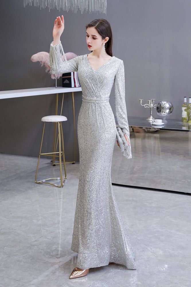 Elegantes Burgunderrotes Cocktailkleid mit V-Ausschnitt und Pailletten im Meerjungfrau-Stil, bodenlang